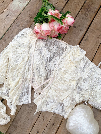 Hollow-out Lace Plus Top Size Straps Apricot Self-tie