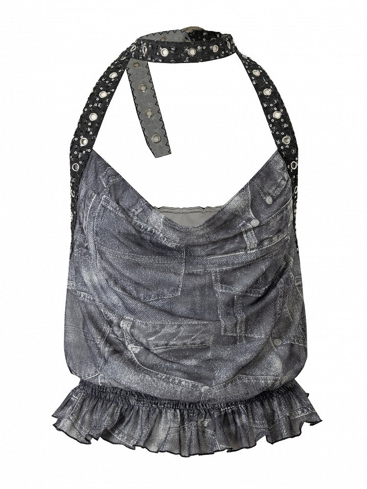 Punk Cowl Glamorous Neck Ruffles Trim Top Wasteland Neckline Halter Blue