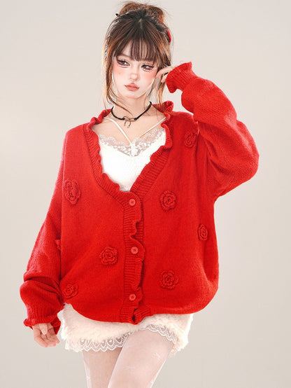 Red/Grey Flower Embellishments V-neck Loose Cardigan