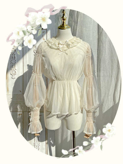 Beige Semi-sheer Leg-of-Mutton Sleeves Blouse