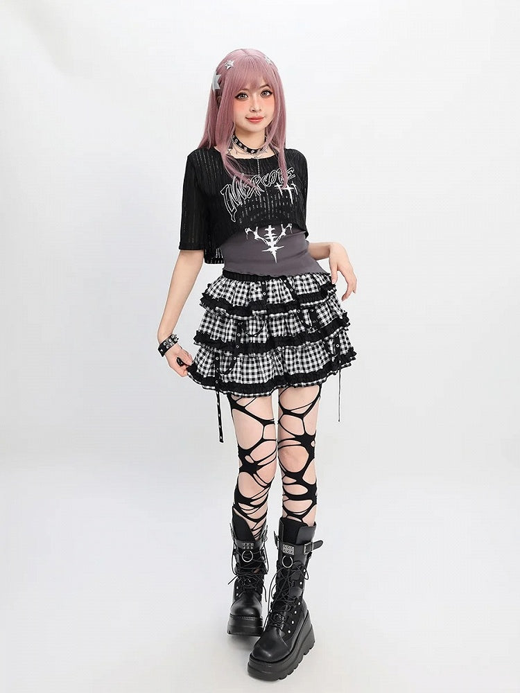 Tiered Skirt Y2K Red  Black/Black  White Plaid Strap Details