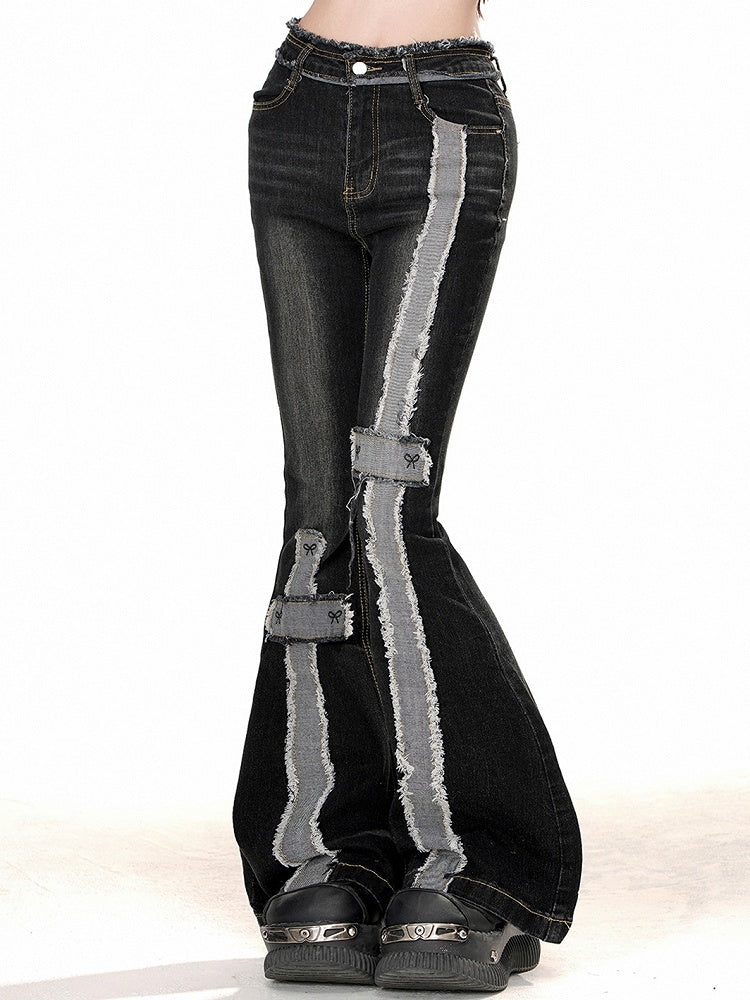 Stripes Raw Jeans Black Edge Flare with Distressed Waist High