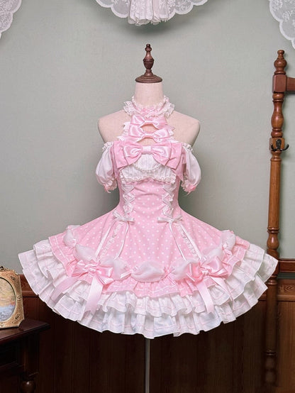 Ärmel Polka und Pink Alt mit Kleid Lolita Akzente Schleife Hals Neckholder Dot Puff Schule