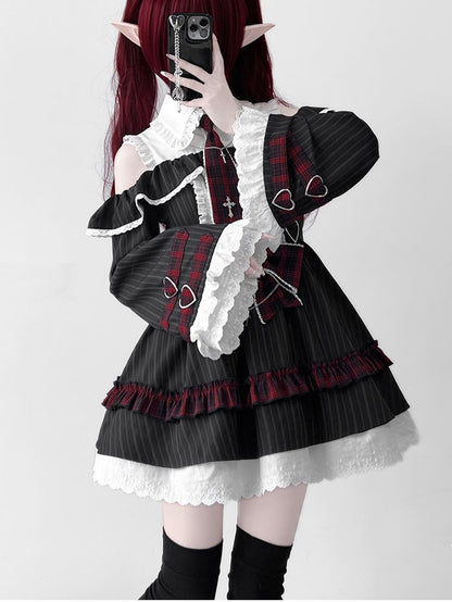 Dress Bell Plaid Tie Idol And Shoulder Cutout Lolita Black Bowknot Stripes Red With Sleeves