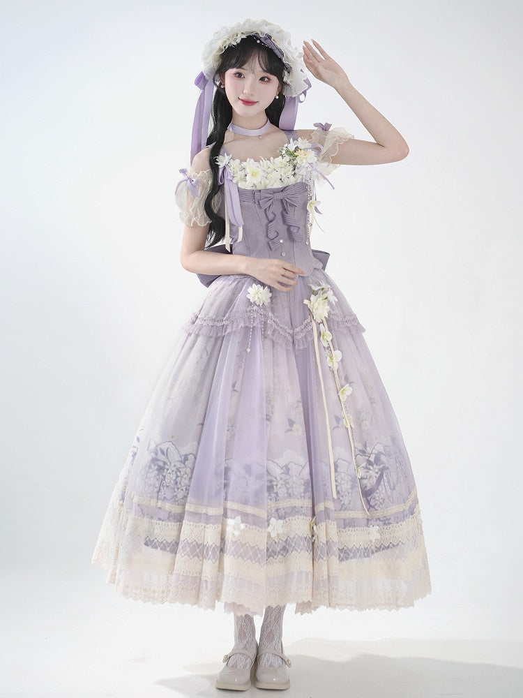 Classic Long Skirt Lolita Decoration + Jasmine Top Print Set Purple Corset Floral