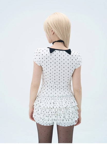 Detail Back Cat Paw Print Cat Ears and T-Shirt White at Allover Black Cross Pastel Gothic