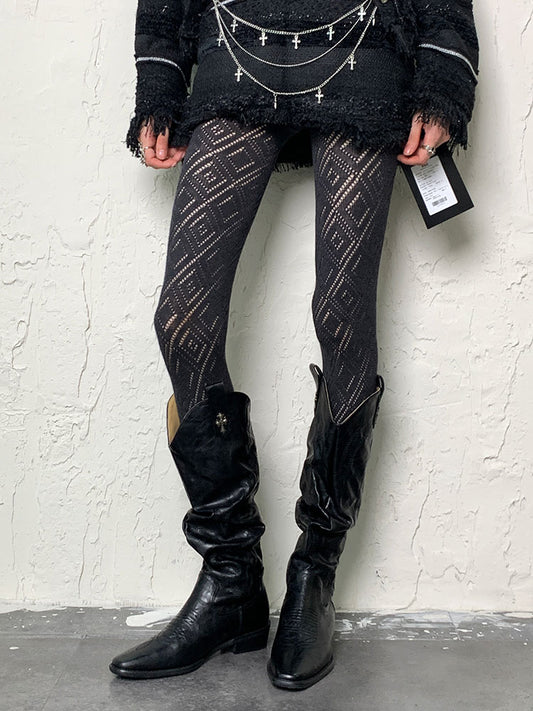 Dark Grey Y2K Diamond Pattern Hollow-out Tights