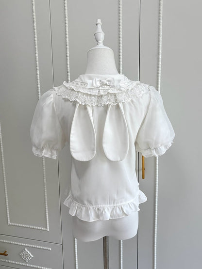 Lolita Rundärmel Flacher Hemdkragen Rosa Weiß Kurz und