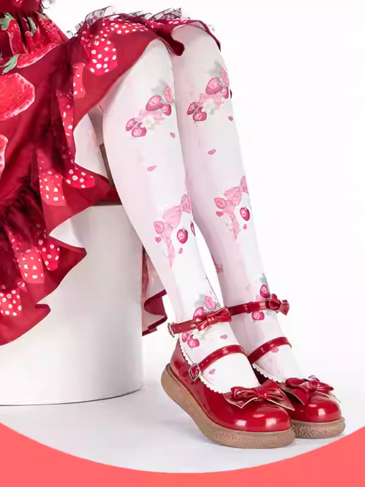 Bas Lolita roses à imprimé fraises et nœuds