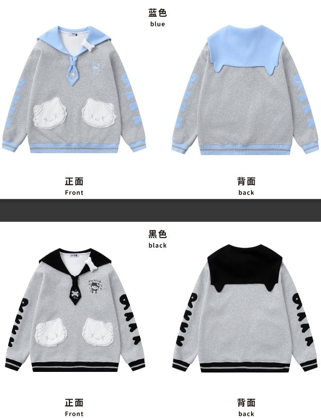 Blue/Black Kitty Embroidery Sailor Collar Sweatshirt