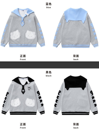 Blue/Black Kitty Embroidery Sailor Collar Sweatshirt