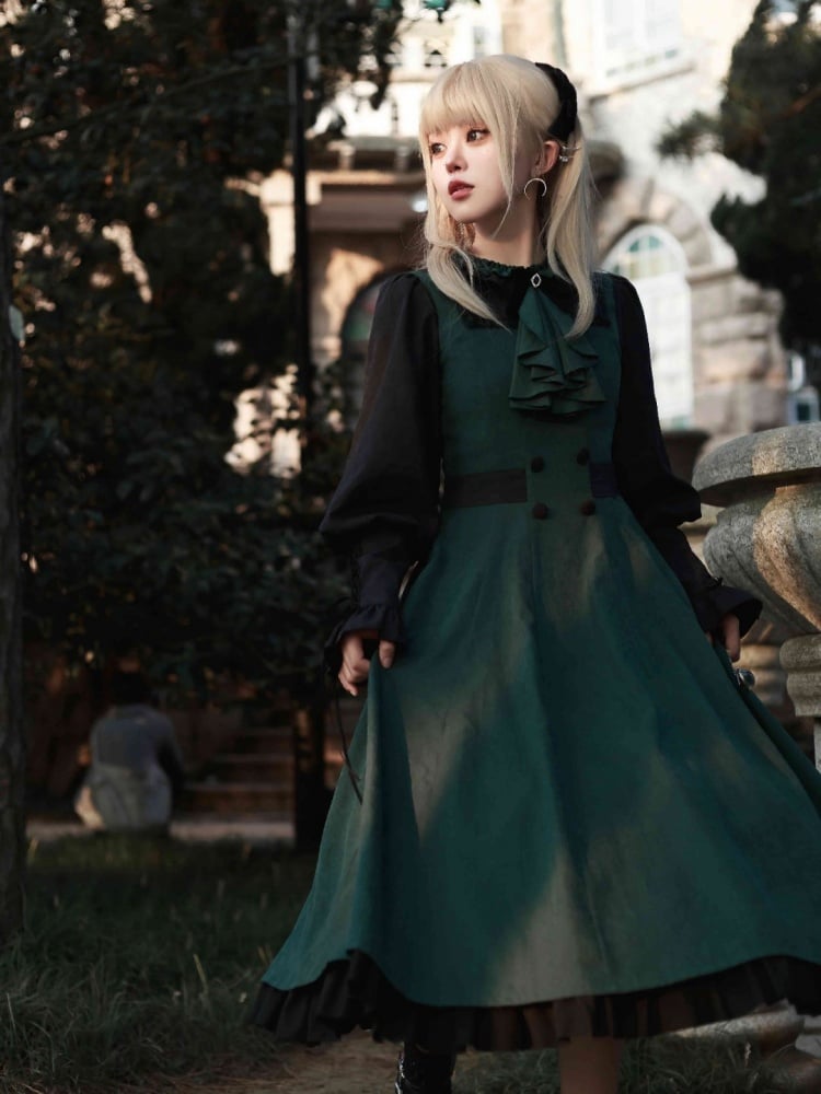 Dark Academia Green and Black Leg-of-Mutton Sleeves Lolita Dress