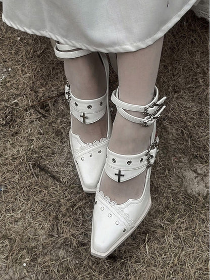 Punk Pointed Toe High Block Heels in White Coffin Buckles and Metal Cross with Gothic 8.5cm
