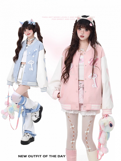 Veste de baseball Yume Kawaii rose/bleu avec appliques clés