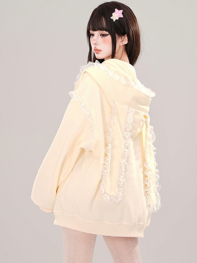 Blue/Apricot Bunny Ears Lace Trim Zip Hoodie