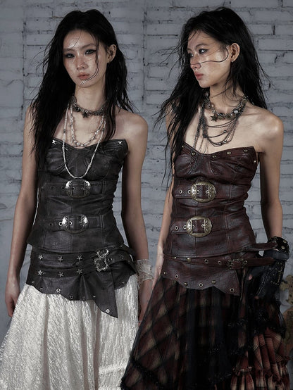 Bustier Buckle Decorated Punk Top Red/Brown Wasteland PU