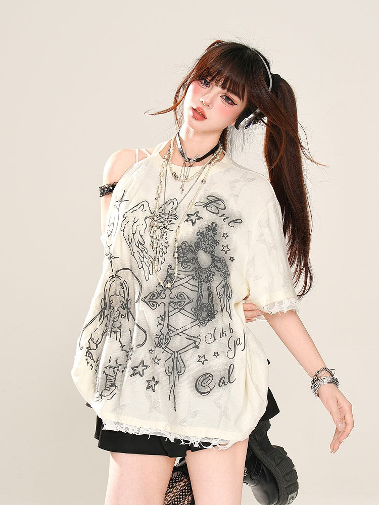 Apricot/Black Cutout Shoulder Lace Trim Graphic T-Shirt