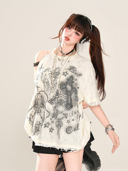 Apricot/Black Cutout Shoulder Lace Trim Graphic T-Shirt