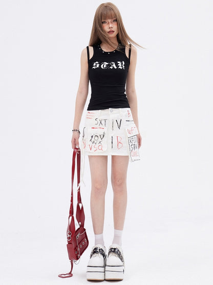 Black Print Design Double Shoulder Straps Sleeveless Top