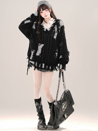 Black/Grey Distressed Holes Fake Two-piece V-neck Loose Sweater
