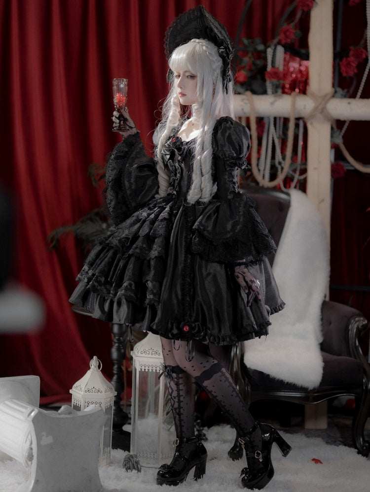 Kuro Drawstring Dress Bell Sleeves Skirt Gothic Black Bowknot Lolita Details and Layered