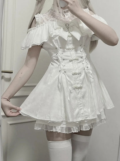 Style Illusion Bow Tie Mini Dress Set- Kei Cheongsam White + Shorts Jirai Neckline + Bell Sleeves