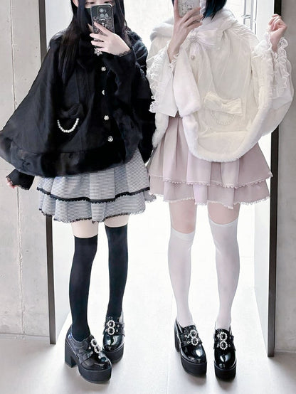 Hood Plush Cape Design Jirai Kei Beige Bunny Ears Bowknots Detachable