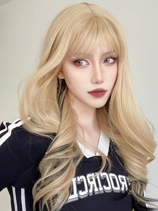 Length Wig And Wavy Bangs Blonde Air Highlight With Black 65CM