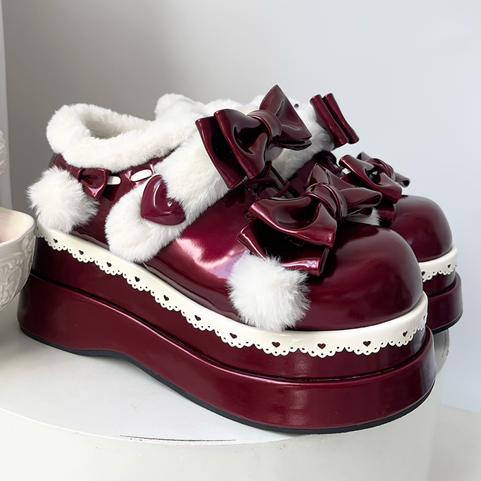 Lolita Wine Red Cute Heart Bowknot Platform Shoes With Pompons