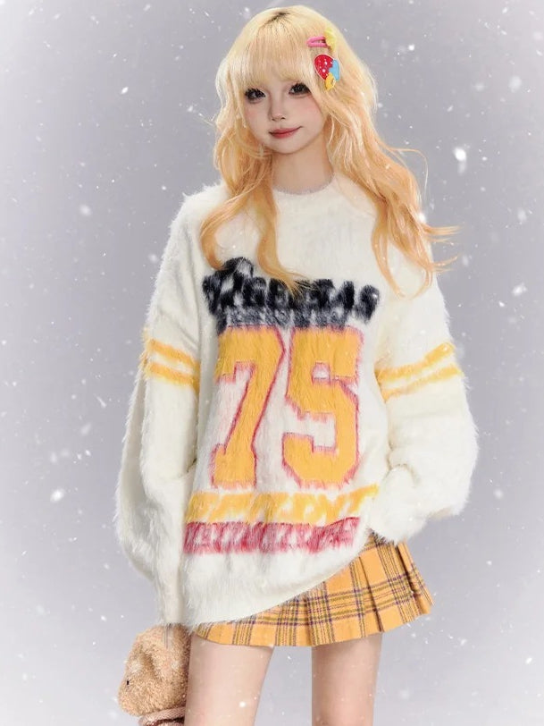 Apricot Numbers Pattern Preppy Style Loose Sweater