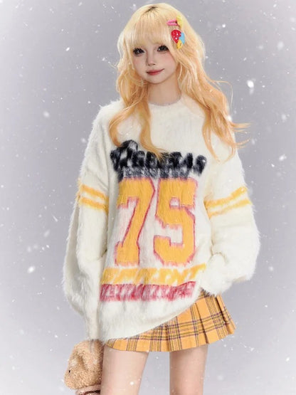 Apricot Numbers Pattern Preppy Style Loose Sweater