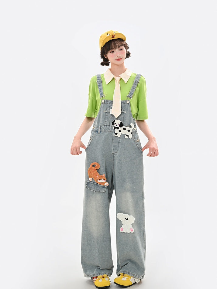 Light Blue High Adorable Animal Appliques Denim Overalls Waist