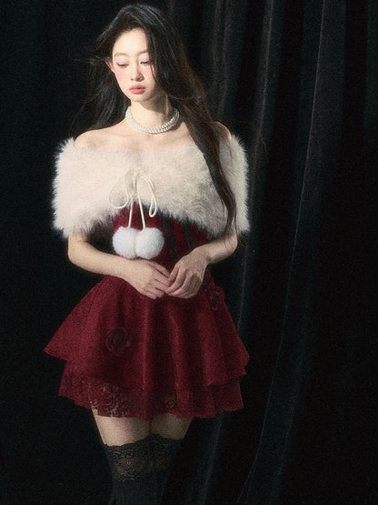 Roses Embellishments Christmas Wine Red Strapless Dress with Plush Shawl Set