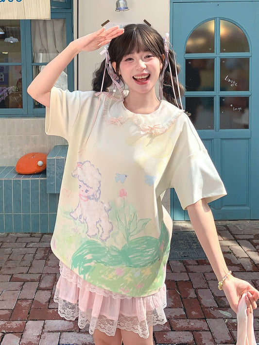 T-Shirt Light Green Round Neck Graffiti Lamb Print Loose