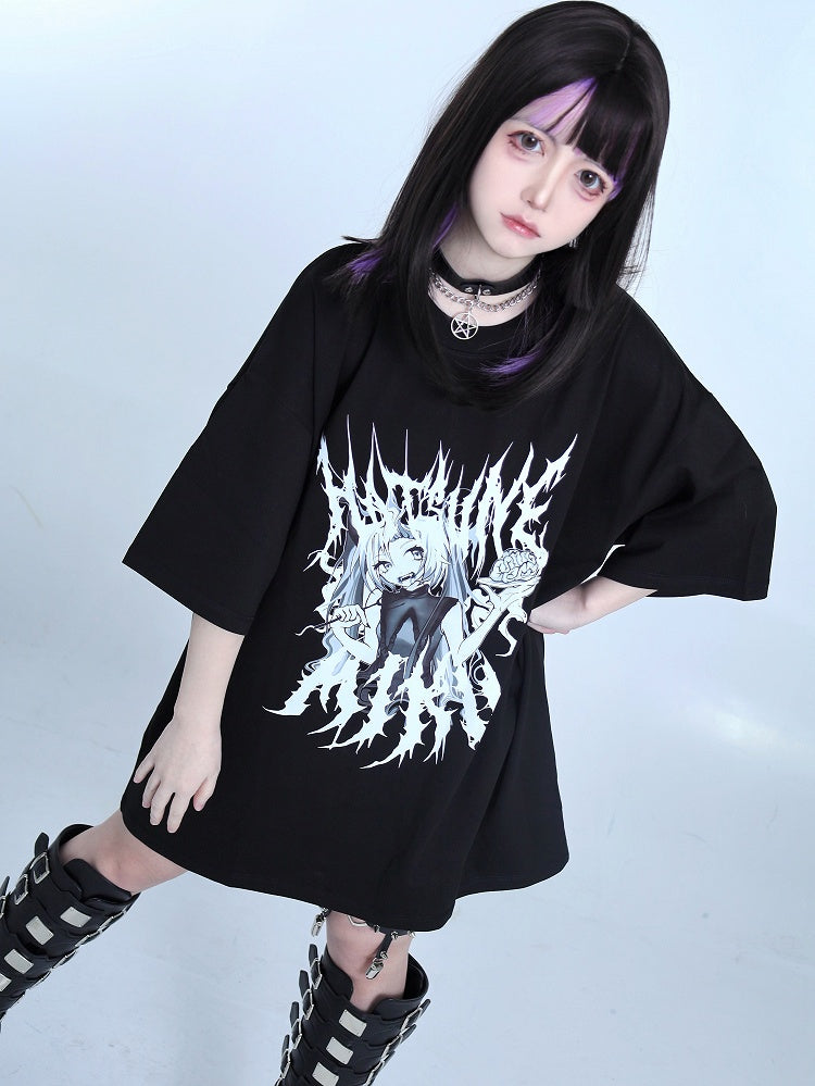 Kei Cartoon Mädchen Print Schwarzes T-Shirt Jirai Rundhals