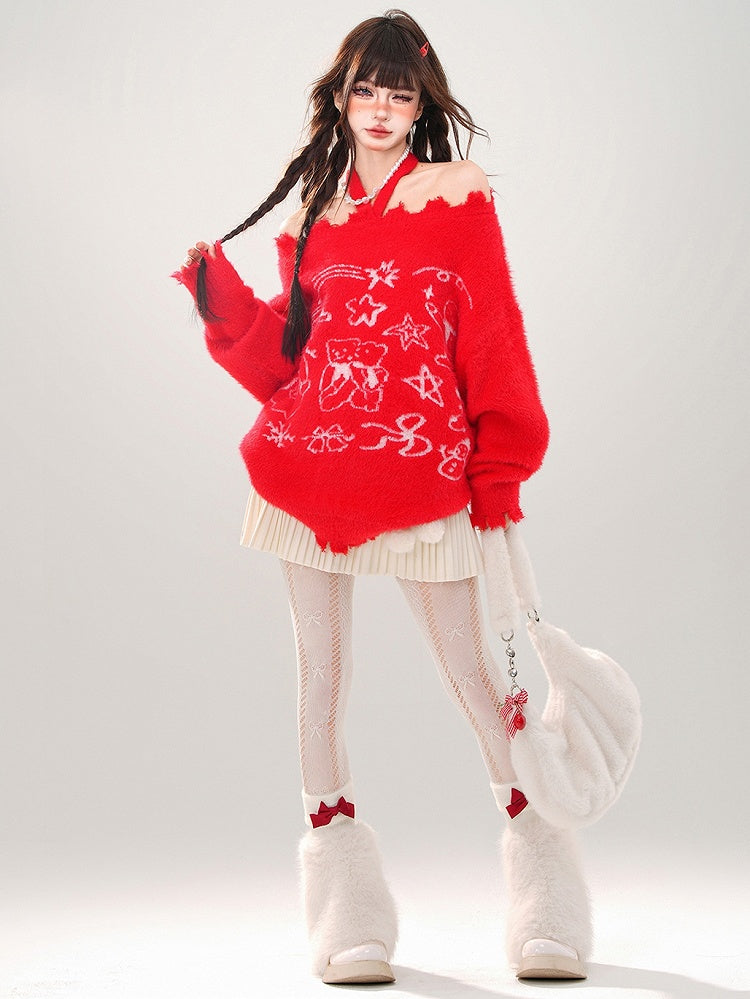 Red Bears and Stars Halter Neck Loose Sweater with Free Scarf