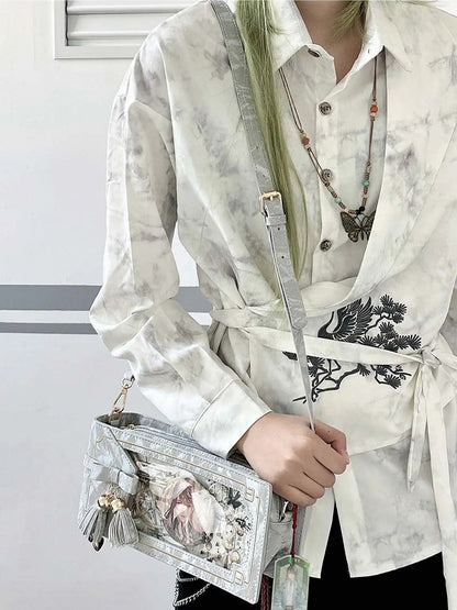 Floral Bag Silver Pattern Accent Style Bow PU Ita With Fringe Cheongsam