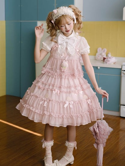 Pink Bow Accents Ruffle Trimming Sweet Lolita Fake Two-pieces Dress