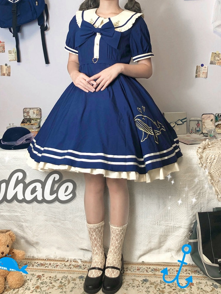 Plus Size Friendly Dark Blue Sweet Dress Whale Peter Pan Collar