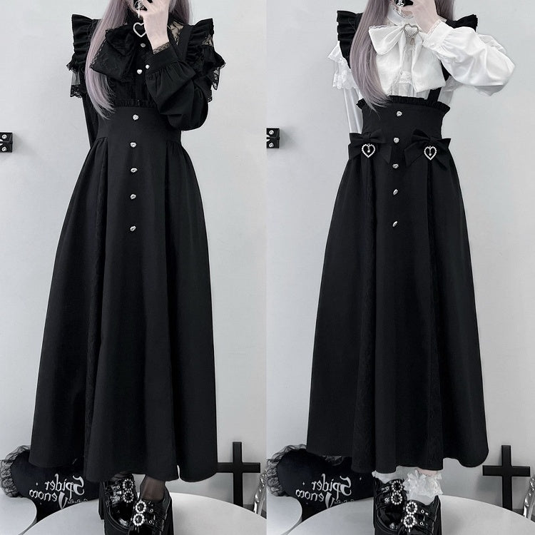 in Overall Sleeves Plaid Long Flutter Black/Gray Detachable Rhinestone Kei Skirt Jirai Accents with Style