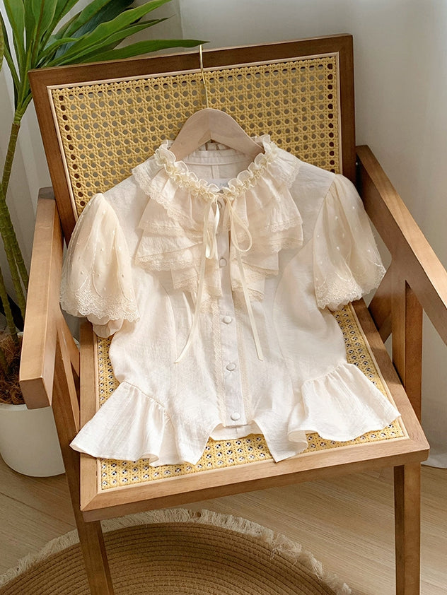 Ärmel Puff Rüschen Bequeme Kurze Atmungsaktive und Ausschnitt Beige Shirt