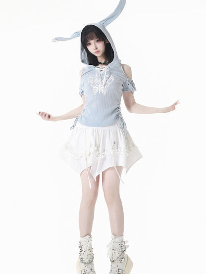 Blue Lace-up Hood T-Shirt Light Drawstring Waist Bunny Ear Design Neckline