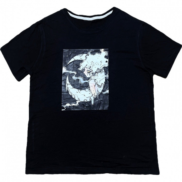 Print T-shirt Black Short Gyaru Cartoon Fashion Sleeves