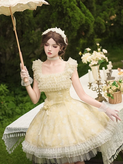 Light Versatile Full Dress Lolita JSK Neckline Floral Yellow Set and Butterfly Print