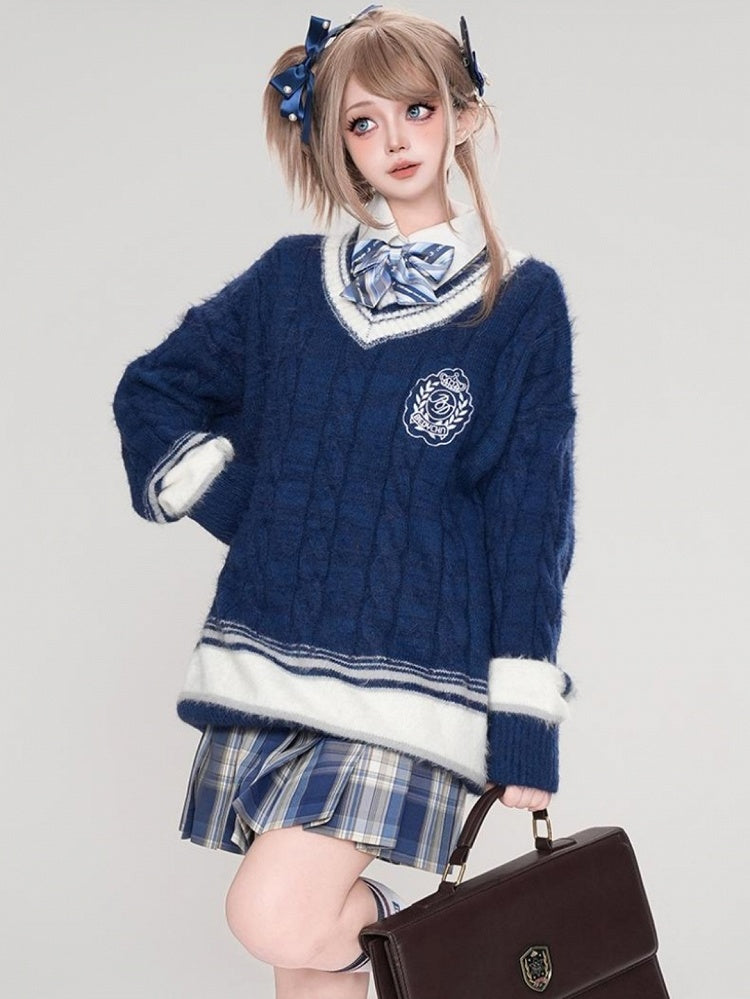 Red/Blue/White V-neck Preppy Style Loose Sweater