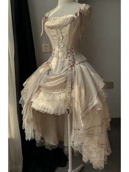 Champagne Lace-up Details Boned Corset Top + High-low Layered Lolita Skirt