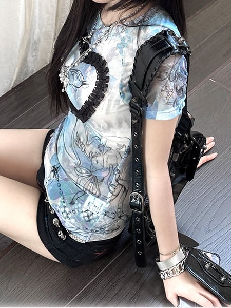 T-Shirt Blau Sweetheart Rüschen Grafik Mesh