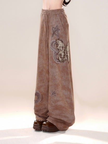 Wide-leg Applique Plaid Cut Brown Butterfly Pants