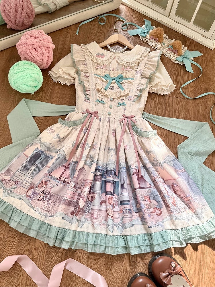 Cute kitty and Green Bows Sweet Lolita Dress Flutter Shoulder Straps Jumper Skirt