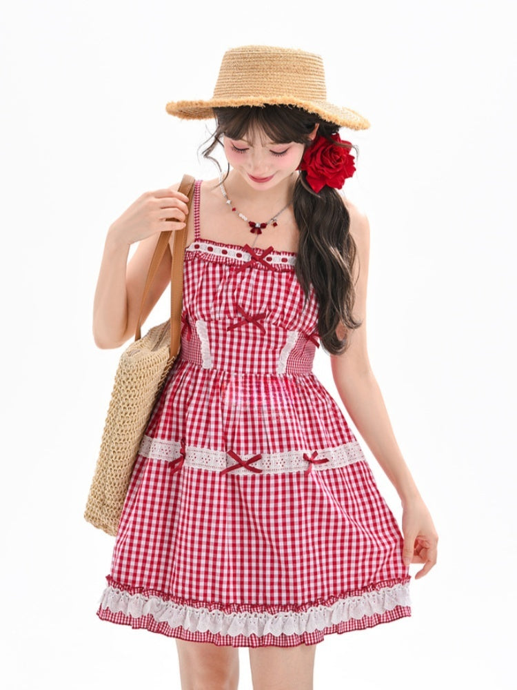 Akzente Spitze Sommer Trim Urlaub Cami Kleid Bowknot Rot und Weiß Plaid